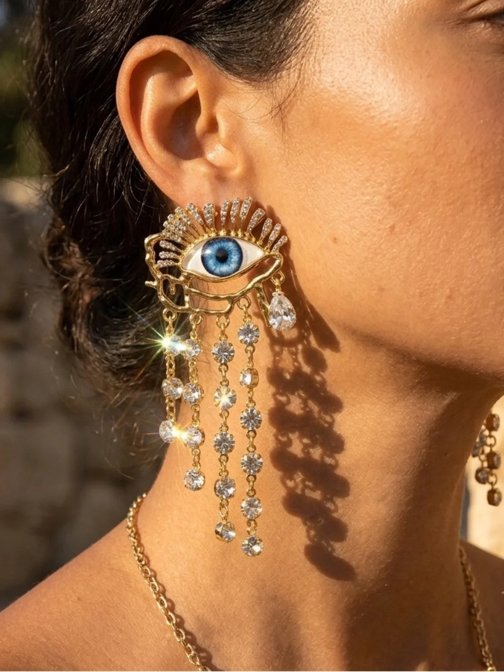 ✨ Celestial Eye Statement Earrings – Crystal Dangle Charms & Gold-Tone Artistry